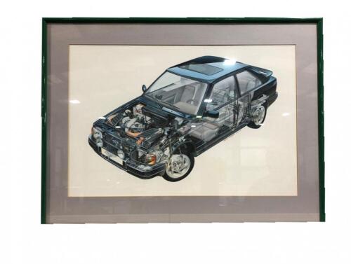 An artwork showing in cutaway form the 1980’s Ford RS Turbo